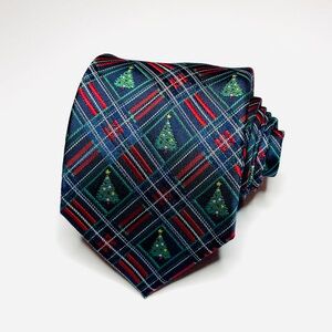 Festive Hallmark Holiday Traditions Plaid Tie with Christmas Tree Pattern